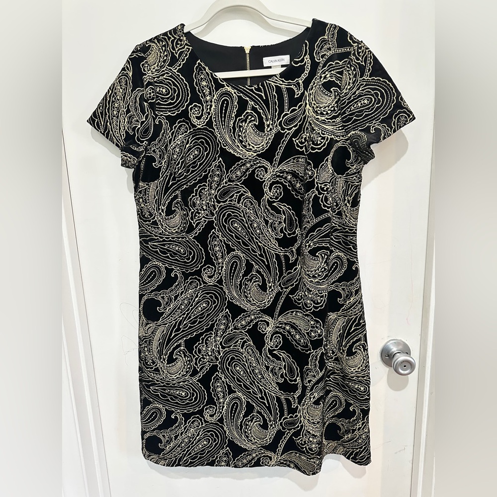 Calvin Klein Black and Gold Embroidered Velvet Mini Dress